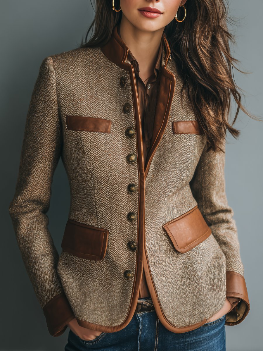Sophia Women's Vintage Herringbone Textured Soft-Touch-Trim Button-Front Jacket - Nora & Rose Maine