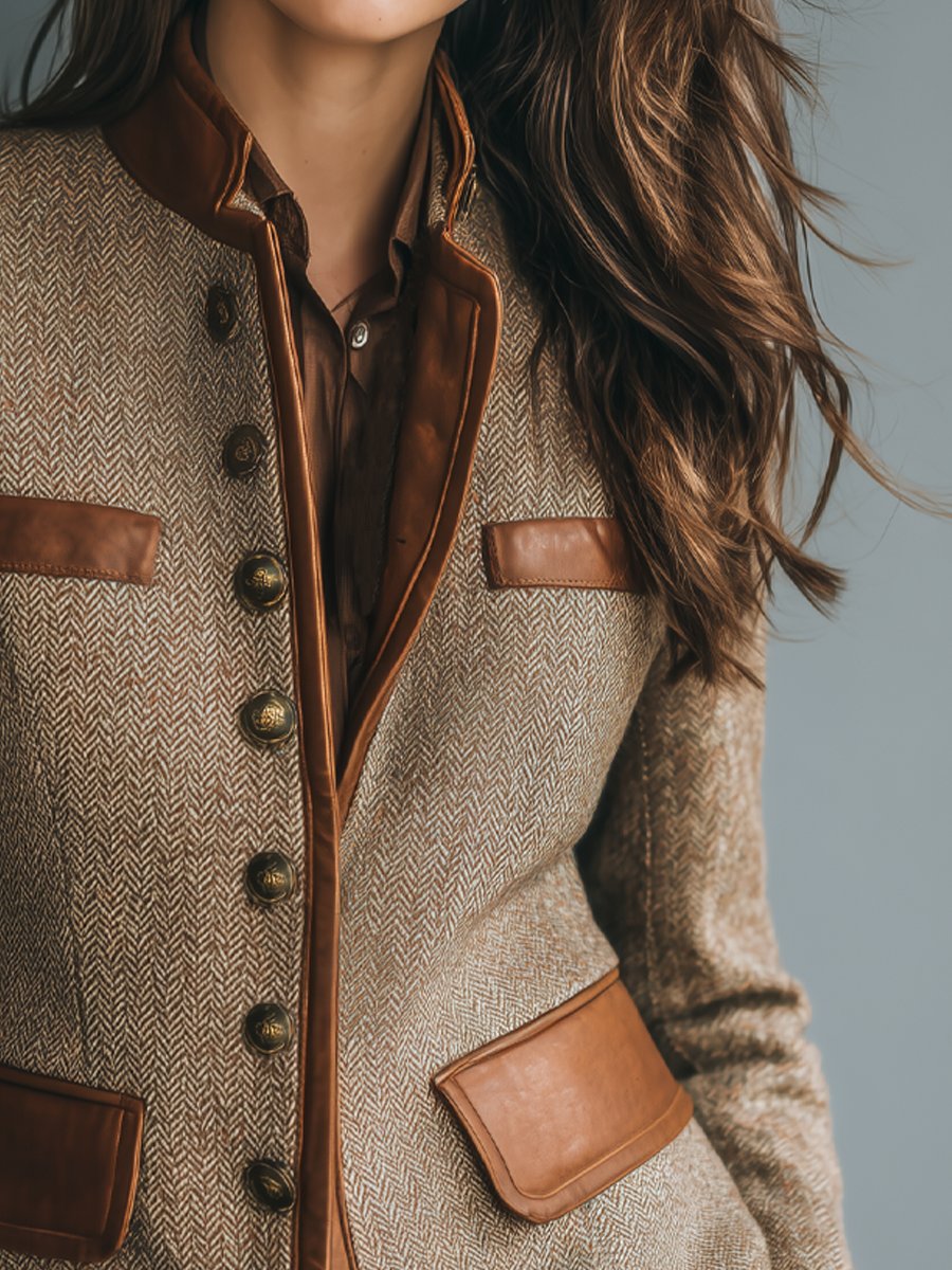 Sophia Women's Vintage Herringbone Textured Soft-Touch-Trim Button-Front Jacket - Nora & Rose Maine, view 3