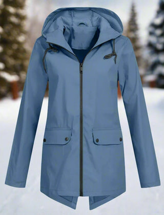 Layla Women's Waterproof Hooded Rain Jacket Zip-Up Longline - Nora & Rose Maine, view 13