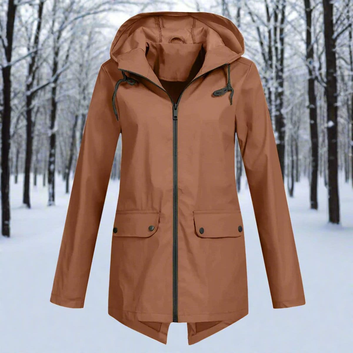 Layla Women's Waterproof Hooded Rain Jacket Zip-Up Longline - Nora & Rose Maine, view 14