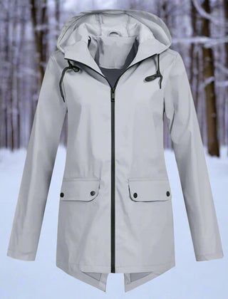 Layla Women's Waterproof Hooded Rain Jacket Zip-Up Longline - Nora & Rose Maine, view 15