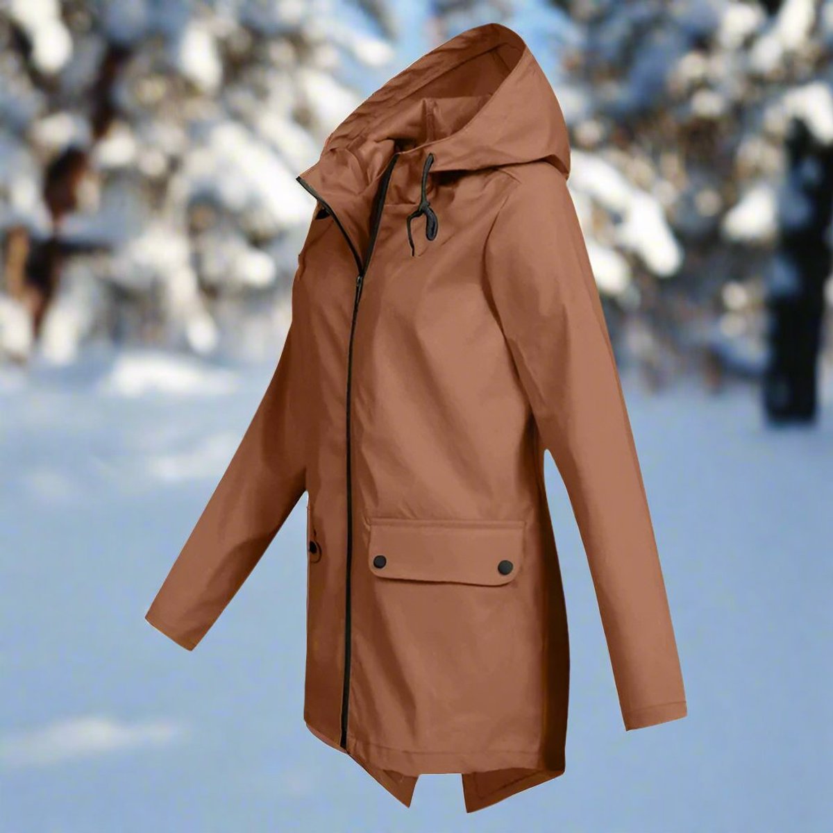 Layla Women's Waterproof Hooded Rain Jacket Zip-Up Longline - Nora & Rose Maine, view 5