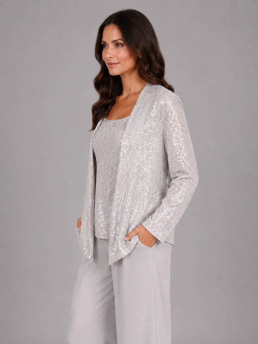 Zelinda | 3-Piece Sequin Jacket, Top & Wide-Leg Trousers Set