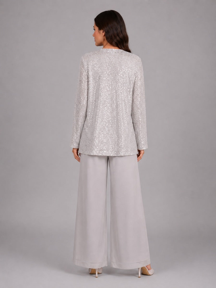 Zelinda | 3-Piece Sequin Jacket, Top & Wide-Leg Trousers Set