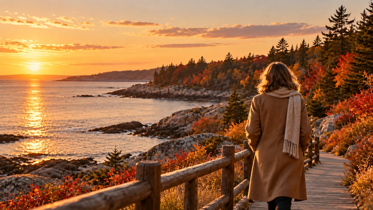A woman in a camel coat walking through a crisp fall morning