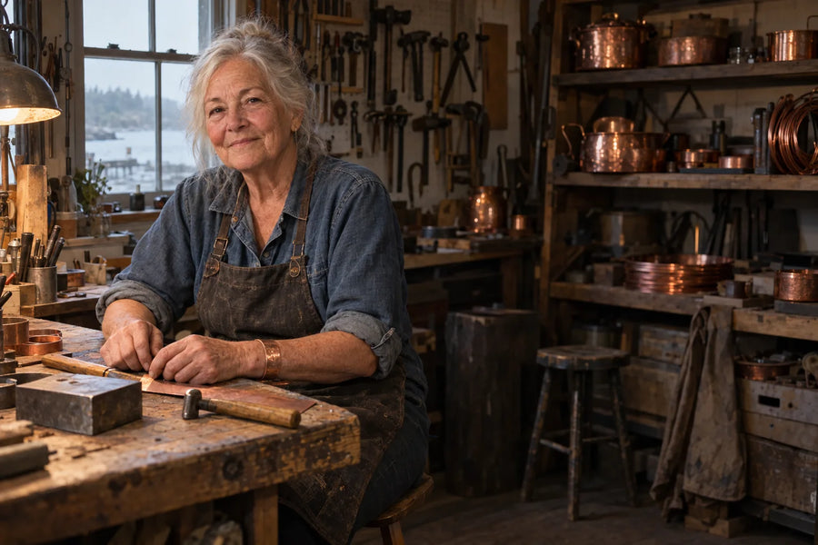 Rose at her copper workbench