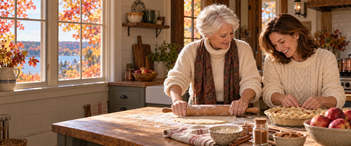 Nora and her aunt Rose baking an apple pie together in Maine